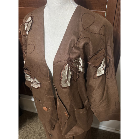 VTG 90s Linen Skirt Suit chocolate brown Church First Lady embroidered long sz L - Picture 3 of 9